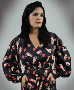 Nicoletta Carlone "Severine" 1940s Style Bishop Sleeved Hands And Roses Print Dress